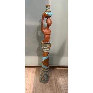 West African Carved Wood Beaded Woman Carrying Water Figurine 16”